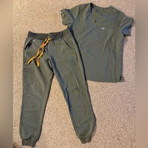 Figs Olive Green Scrub Set with Orange Drawstring